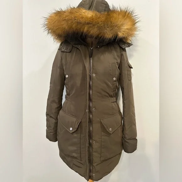 Andrew Marc New York Full Zip Faux Fur Down Feather Hooded Olive Puffer Coat - Picture 1 of 9